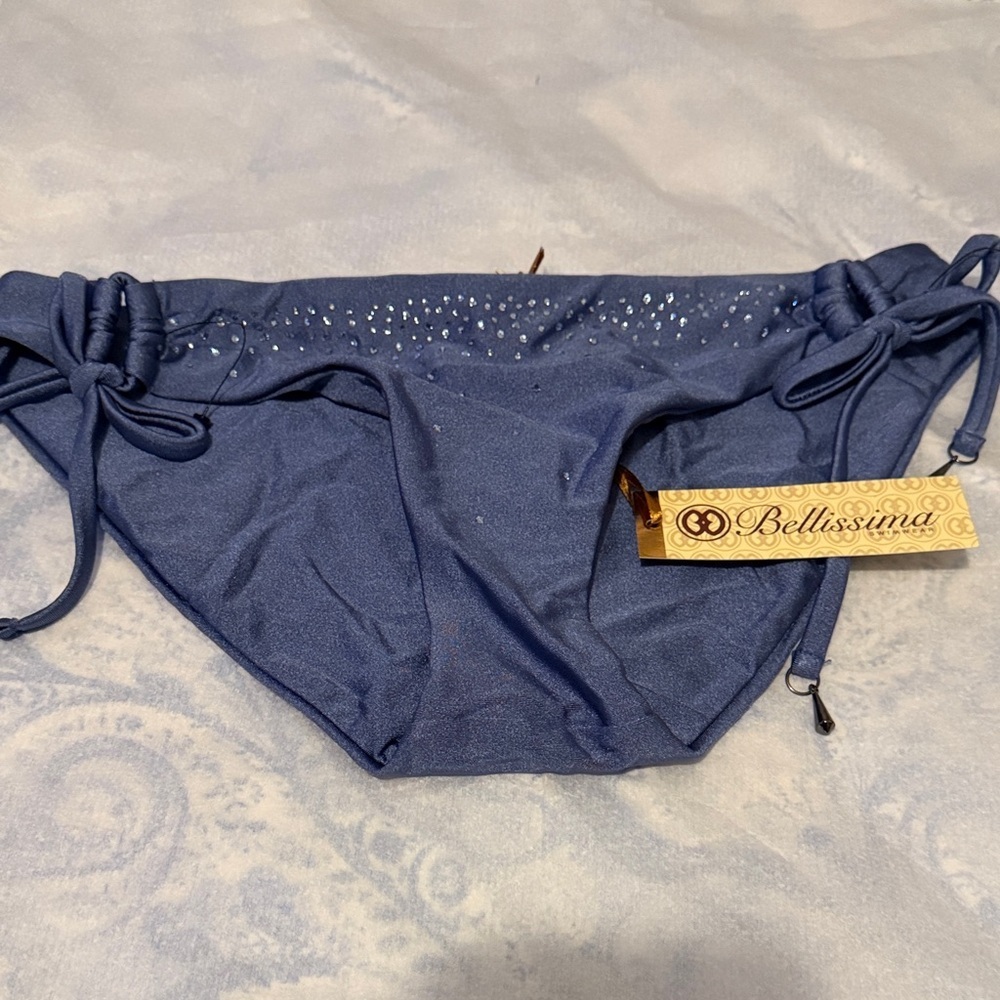 Bellissima Navy Blue Rhinestone Side-Tie Bikini Bottom
